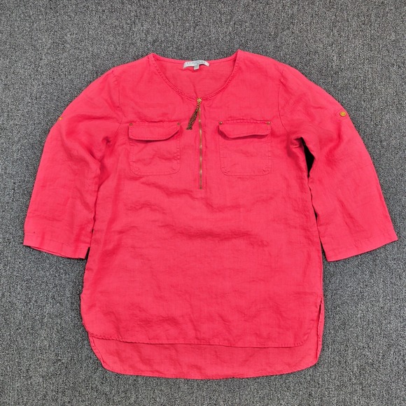Company Ellen Tracy Boho Tunic S Calypso Coral 100% Linen Zip Roll Tab Sleeve — photo 2